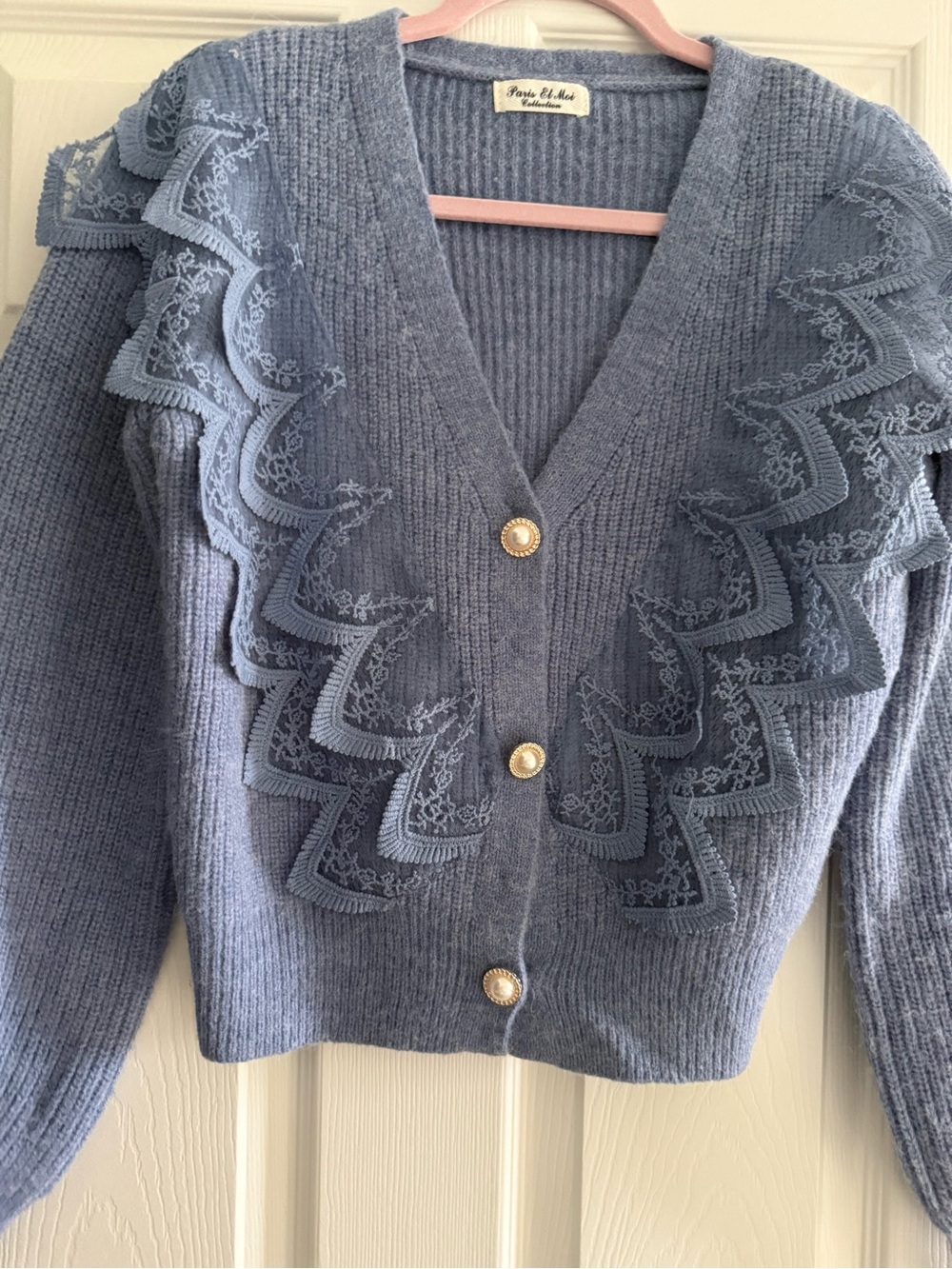 Pearl-Button V-Neck Lace-Ruffle Cardigan Sweater — Dusty Blue
